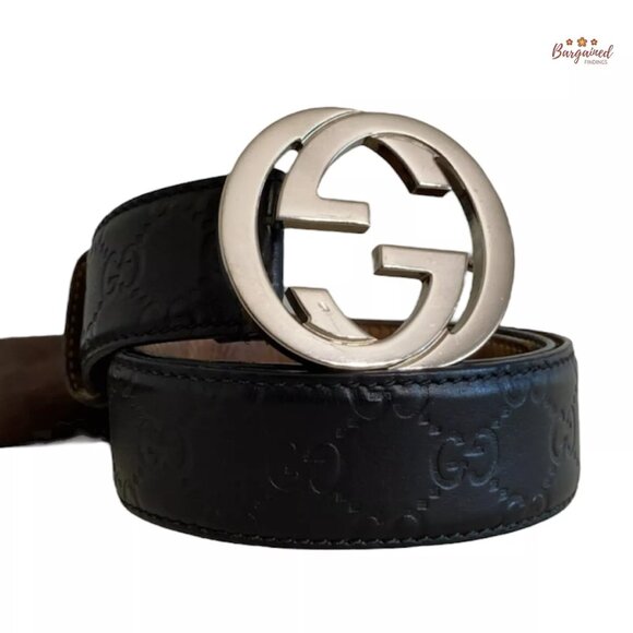 Authentic Gucci Black Guccissima Leather Silver Interlocking G Buckle Belt 85/32